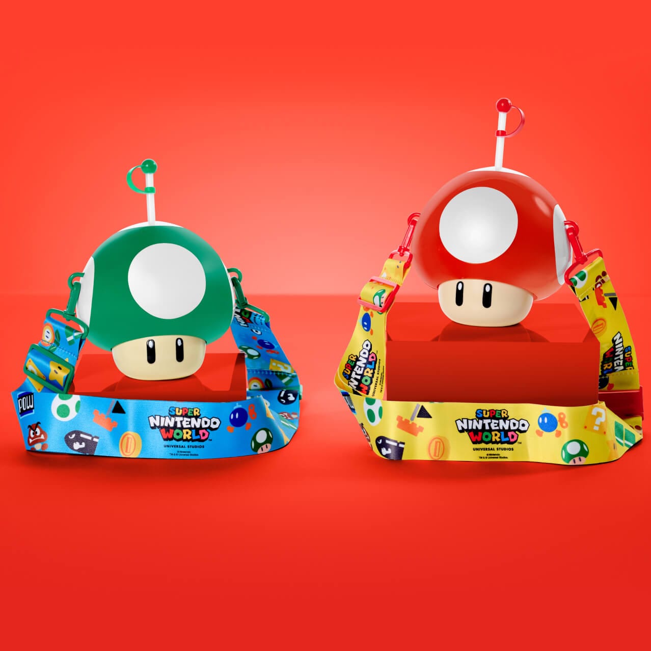 1-Up Mushroom and Super Mushroom shaped drink cups complete with colorful lanyards can be found at SUPER NINTENDO WORLD™ in Universal Epic Universe.