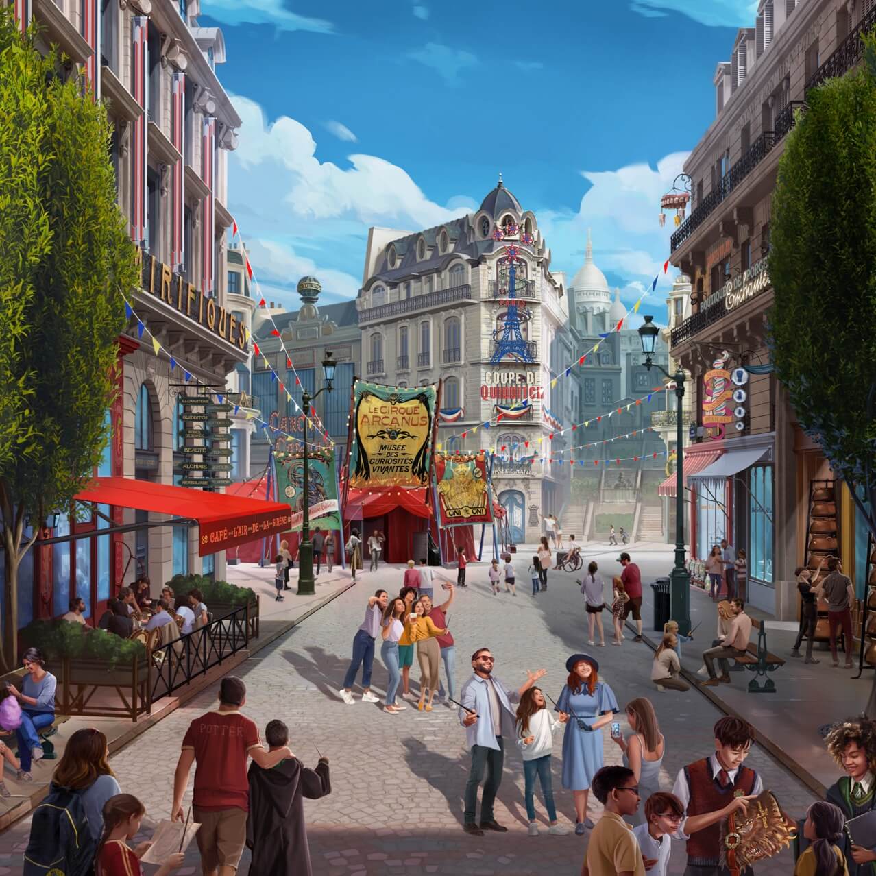 Artist conceptual rendering - Guests stroll the streets of magical Paris outside of Le Cirque Arcanus in The Wizarding World of Harry Potter™ - Ministry of Magic™.