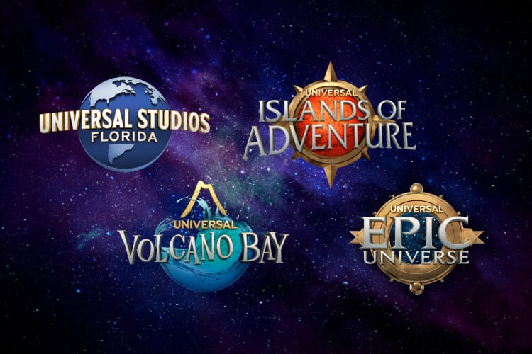 Logos for Universal Studios Florida, Universal Islands of Adventure, Universal Epic Universe, and Universal Volcano Bay against a galaxy of stars.