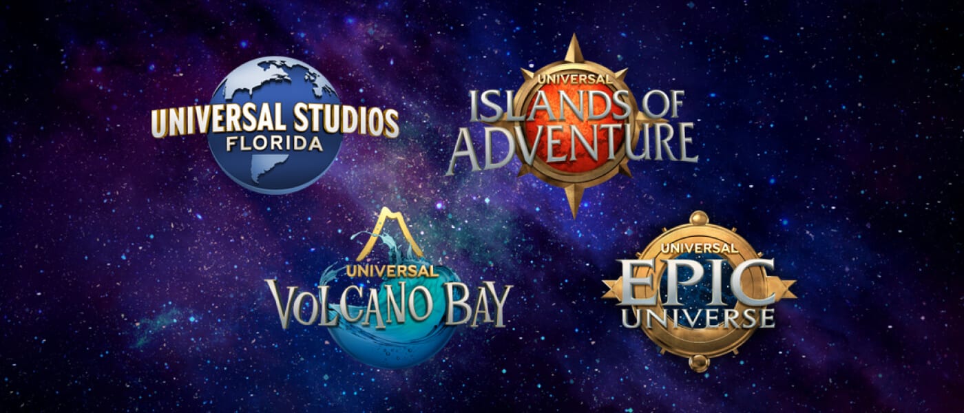 Logos for Universal Studios Florida, Universal Islands of Adventure, Universal Epic Universe,  and Universal Volcano Bay against a galaxy of stars.