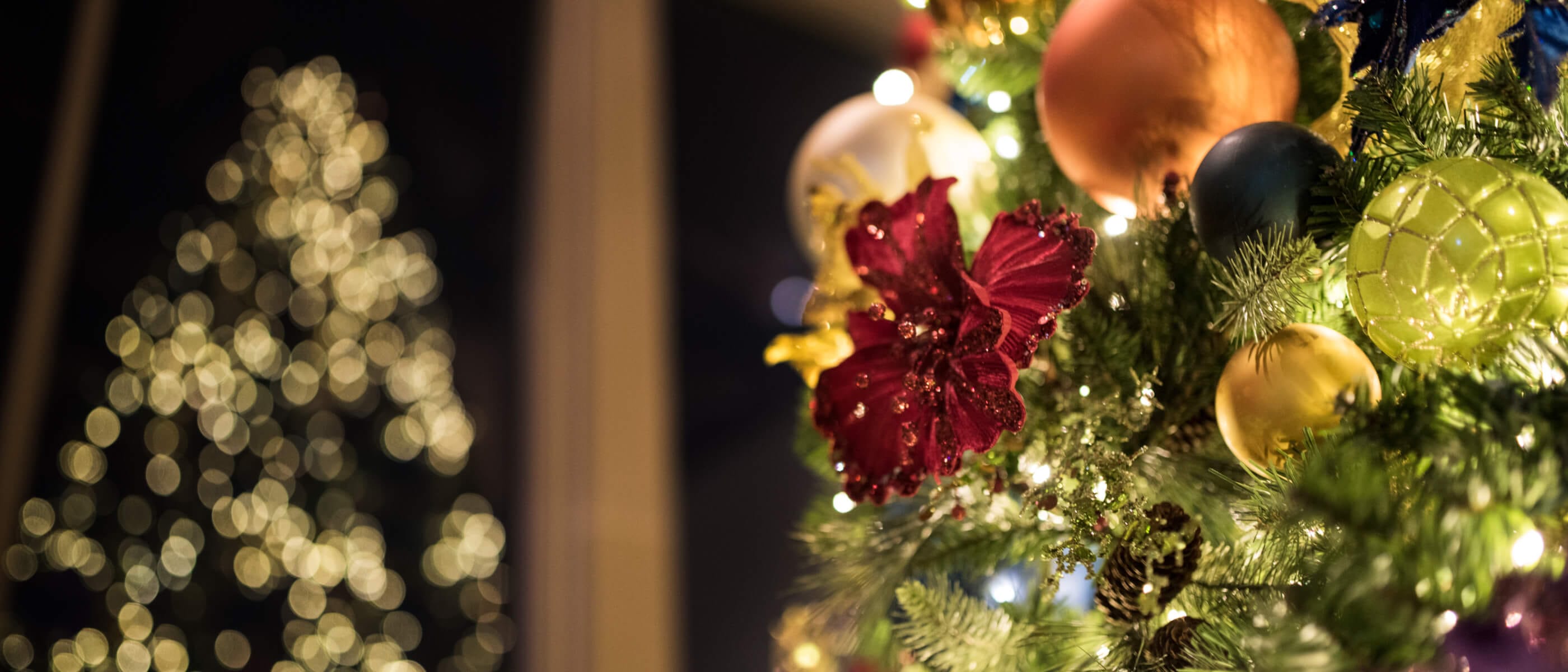 Ornaments on a Christmas tree the forefront with the out of focus reflection of lights on the window in the background.