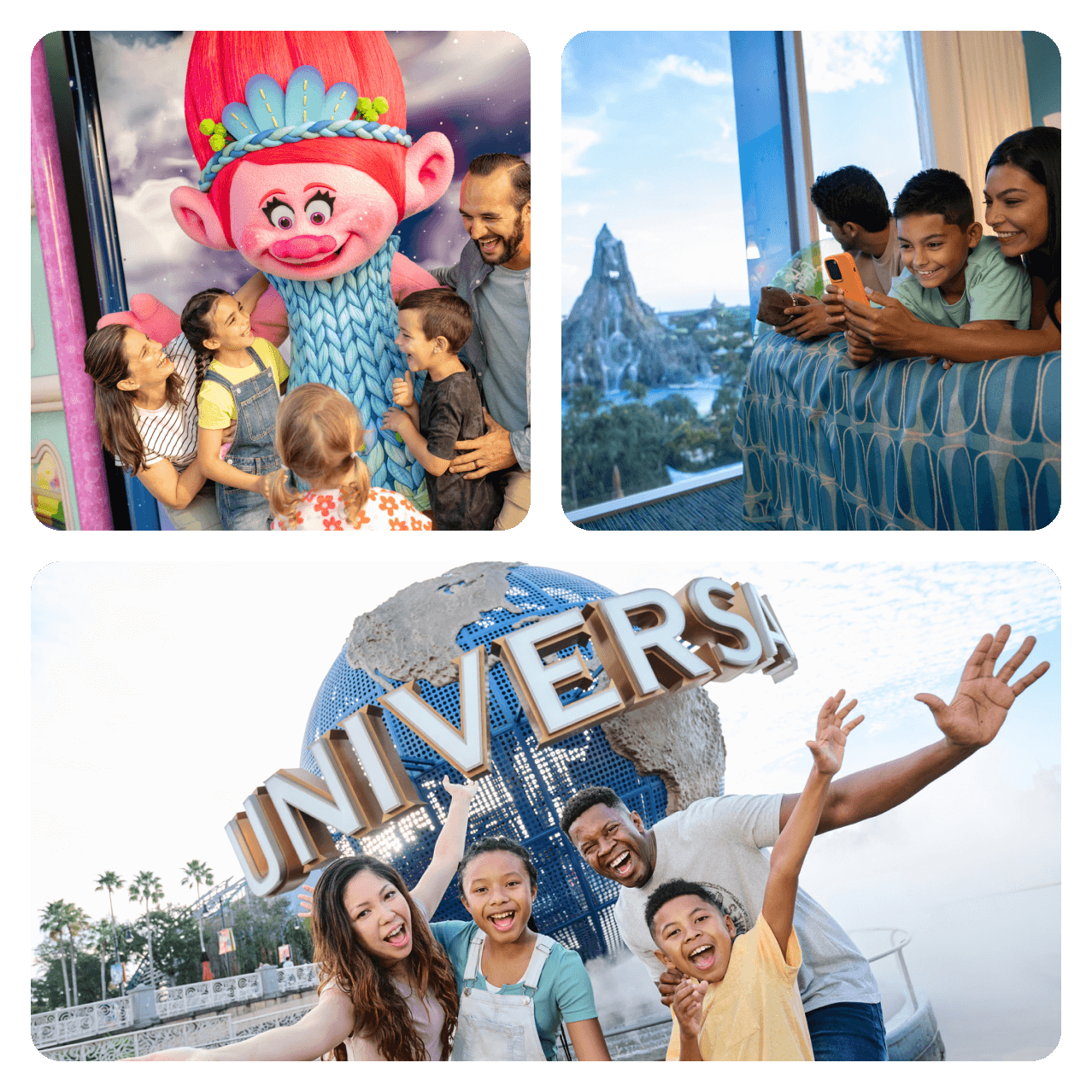 Collage of a family in a Universal Orlando Resort hotel with a view of Volcano Bay, friends sharing Minion-themed desserts, a family meeting Poppy Troll, and a young family posing in front of the Universal Studios Globe