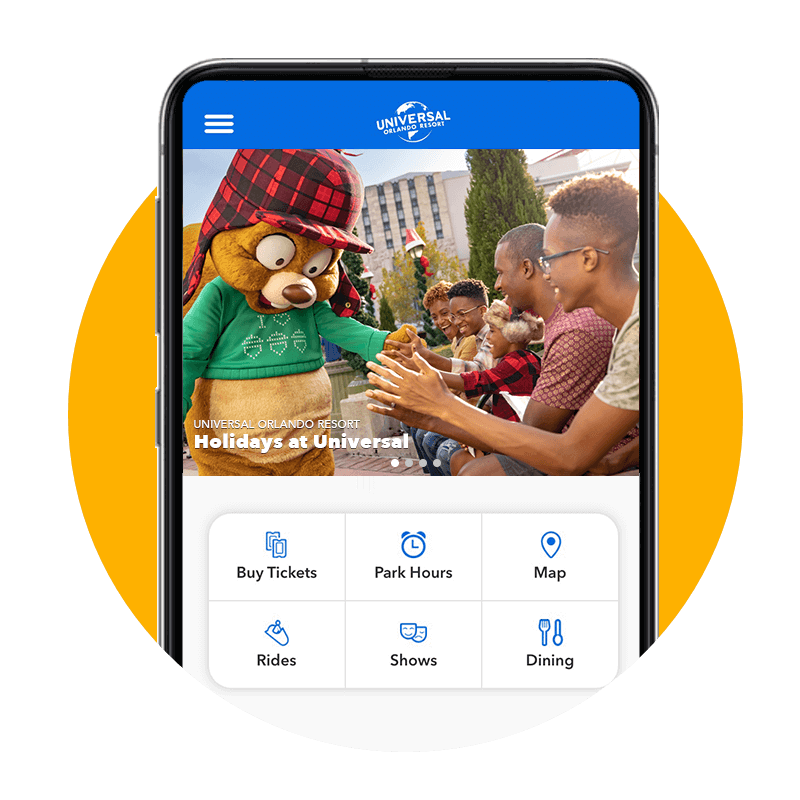 A smartphone screen shows the Holidays at Universal homepage within the Universal Orlando app.