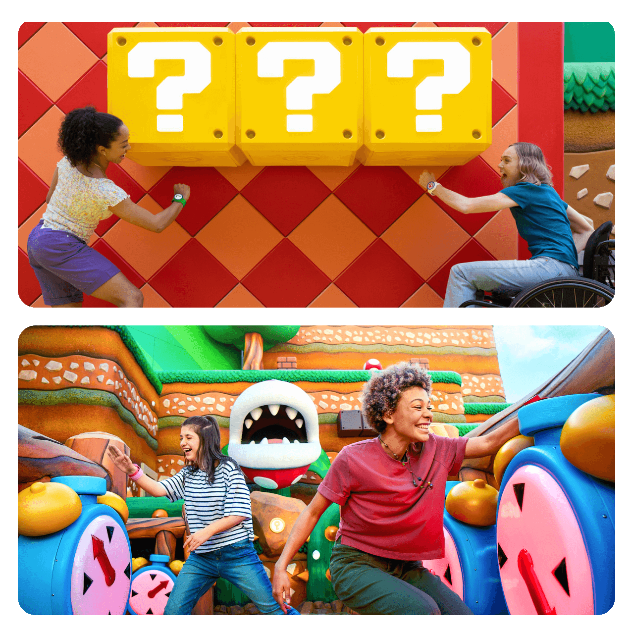 Collage of kids punching “?” blocks and kids playing interactive games in SUPER NINTENDO WORLD™ at Universal Epic Universe