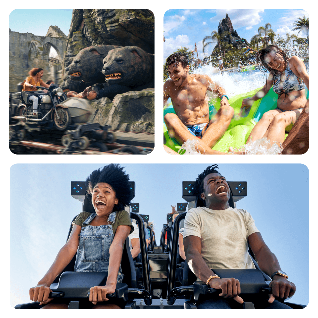 Collage of guests on the Hagrid’s Magical Creatures Motorbike Adventure™, friends laugh on a water ride, a couple meeting Blue at the Raptor encounter, and guests on the Jurassic World VelociCoaster.