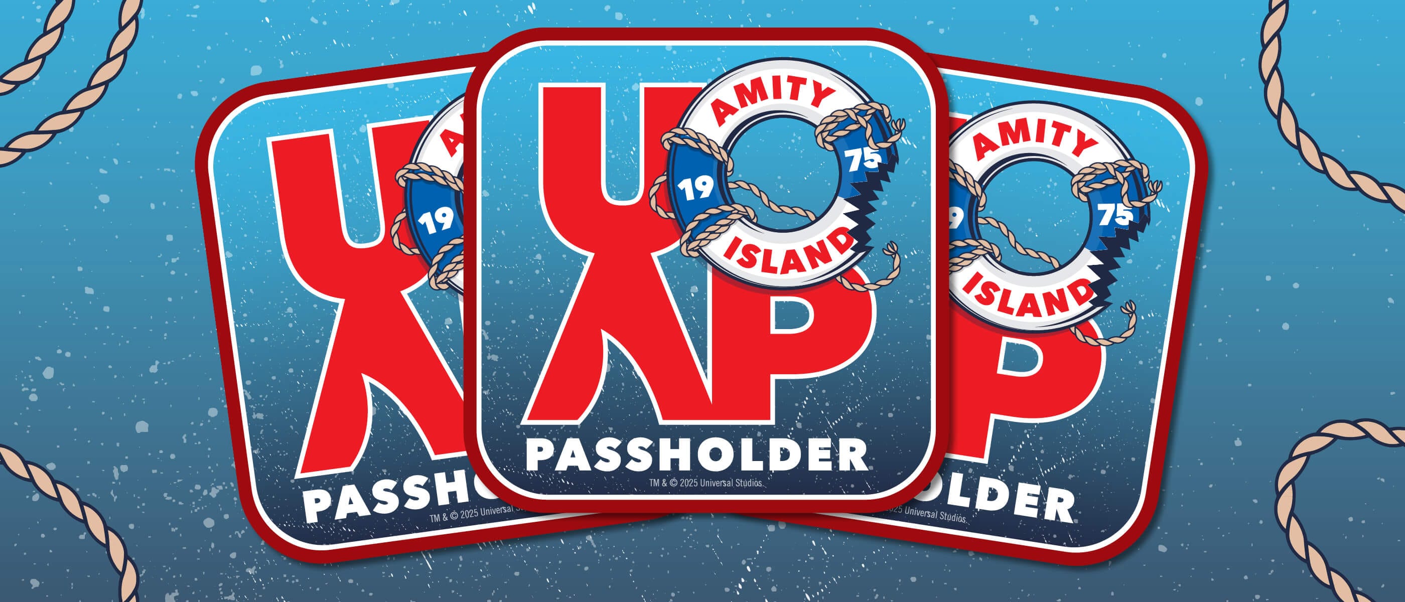 An underwater themed Universal Orlando Annual Passholder logo magnet featuring a 1975 Amity Island lifesaver with a bite out of it.