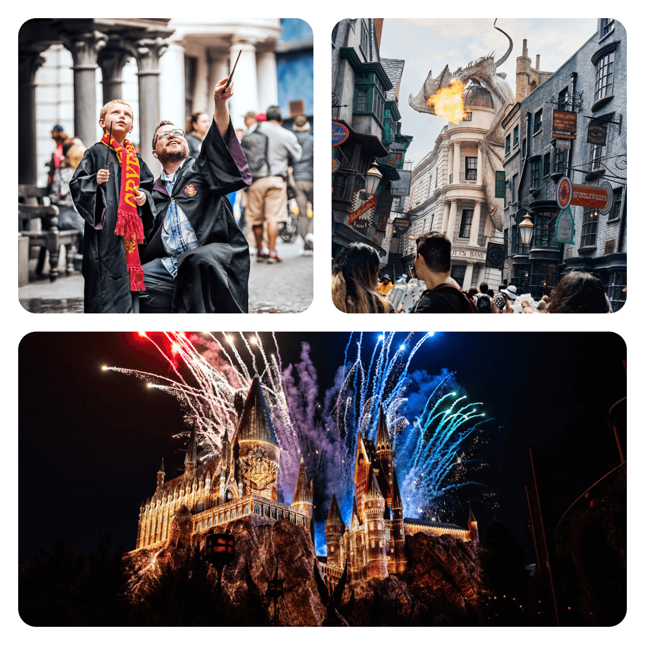 Collage of fireworks at Hogwarts™ Castle, friends enjoying Butterbeer™, a dragon  spewing flames in Diagon Alley™, and a father and son dressed in Gryffindor House robes waving their wands in the air.
