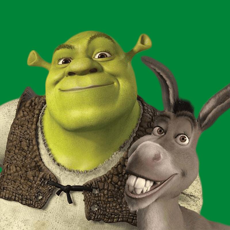 Image of the animated Shrek and Donkey in an embrace. 