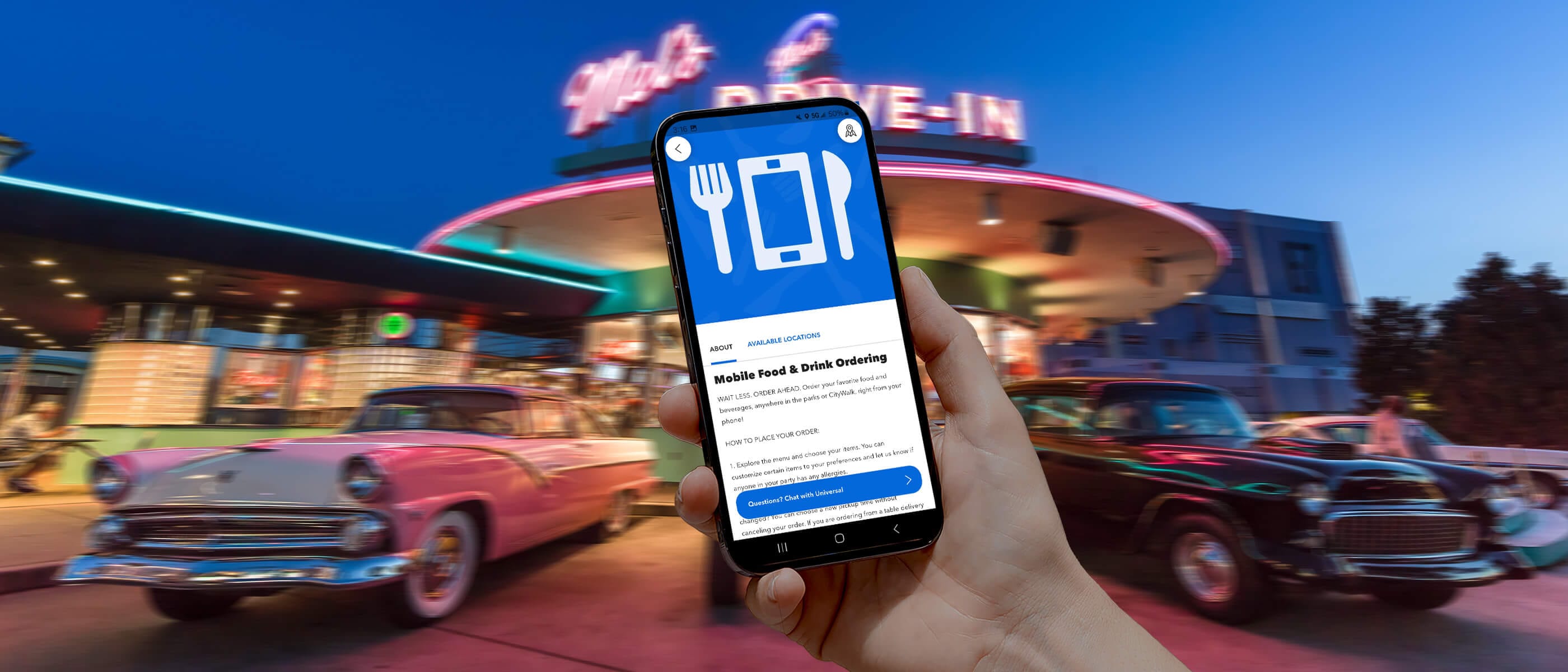 A hand holding a phone using Mobile Food and Drink Ordering on the Universal Orlando Resort App in front of Mel’s Drive-In.