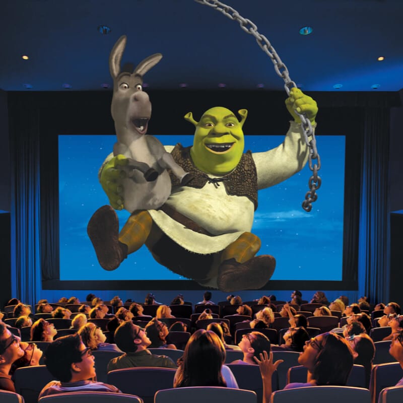 Shrek and Donkey Swing out from the screen at Shrek 4D, an attraction at Universal Studios Orlando that continues the story or everyone's favorite green ogre.