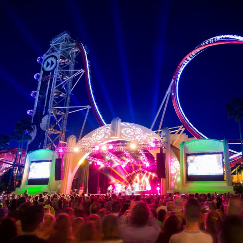 A live nighttime concert at Music Plaza Stage in Universal Studios Florida.