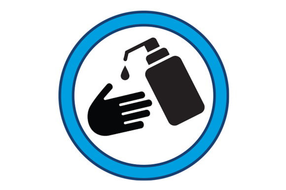 Pictogram of a pump bottle of sanitizer applying sanitizer to a hand.