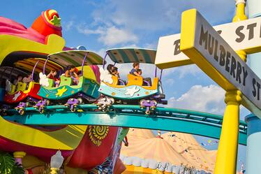 The High in the Sky Seuss Trolley Train Ride carries guests over Seuss Landing at Universal Orlando.