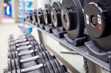 A close-up of two shelves of barbells.