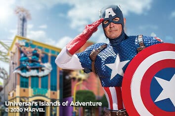 Captain America salutes at Universal’s Islands of Adventure. 2020 Marvel.