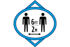 Graphic of a floor marker showing 6 feet of space or 2 meters between persons.