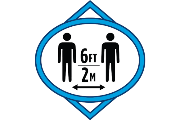 Graphic of a floor marker showing 6 feet of space or 2 meters between persons.