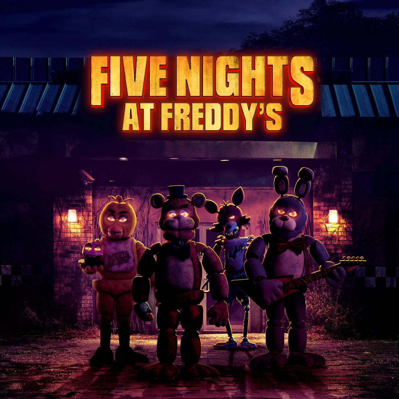 Freddy, Bonnie, Chica and Foxy standing in front of Fazbear’s Pizzeria alongside The Five Nights at Freddy’s logo.