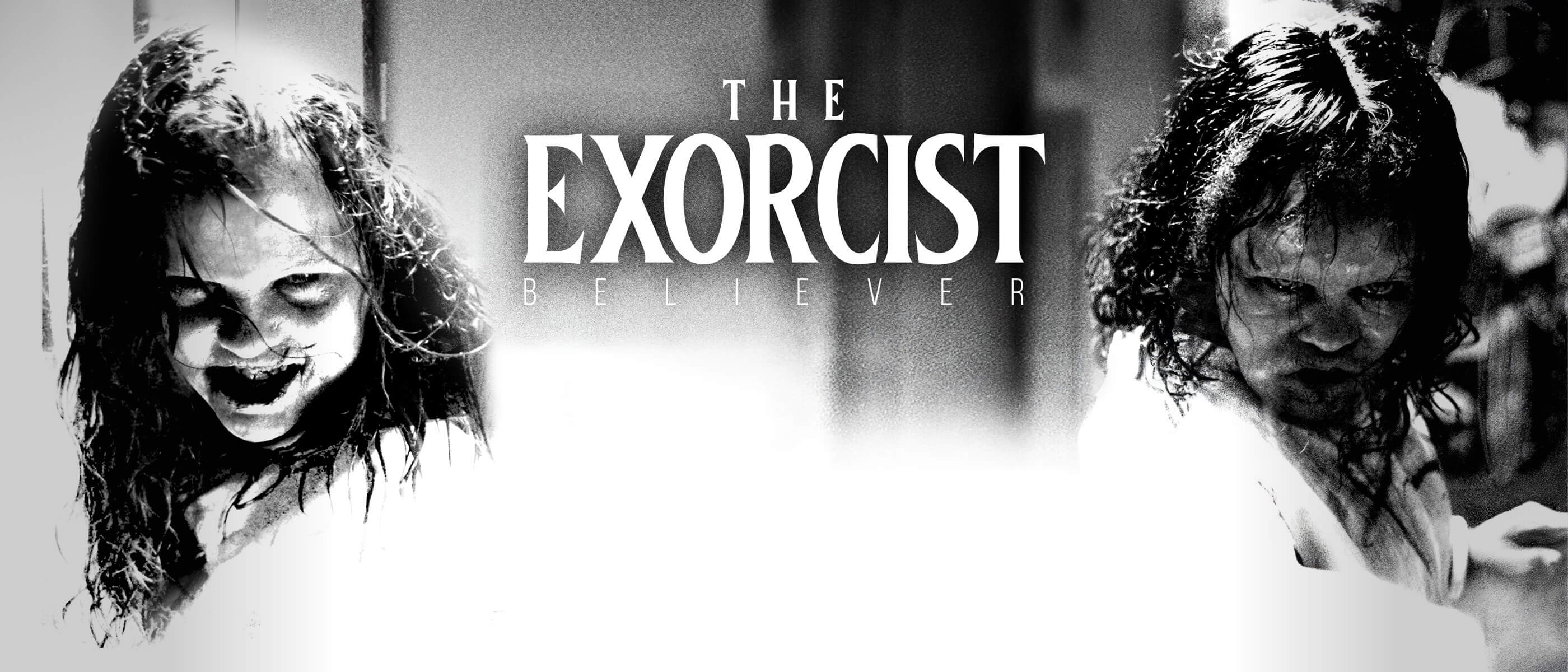 Black and white image of two possessed young girls staring with an evil look in their eyes with The Exorcist logo between them.