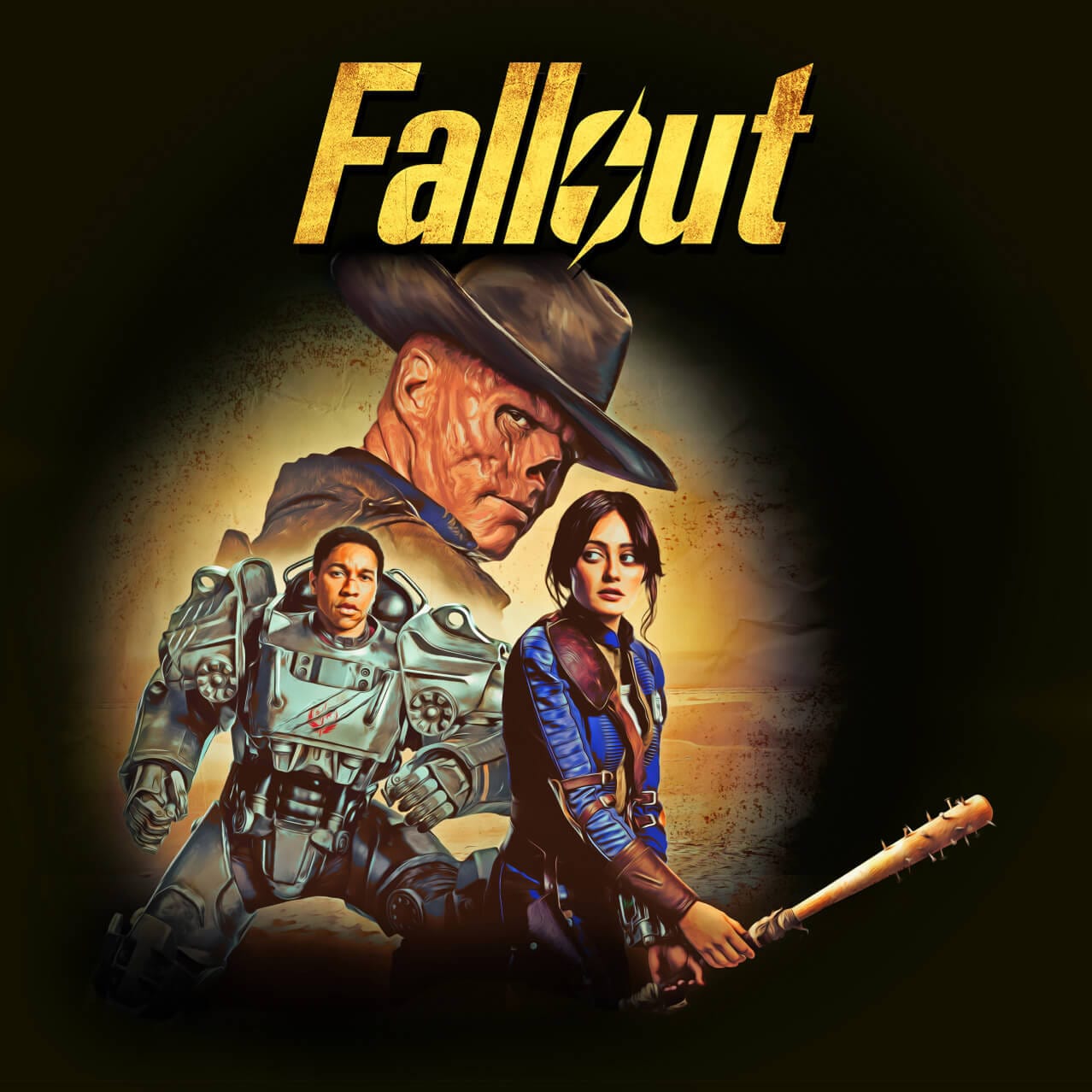 A stylized collage of characters The Ghoul, Maximus and Lucy MacLean, next to the yellow “Fallout” logo, on a black background.