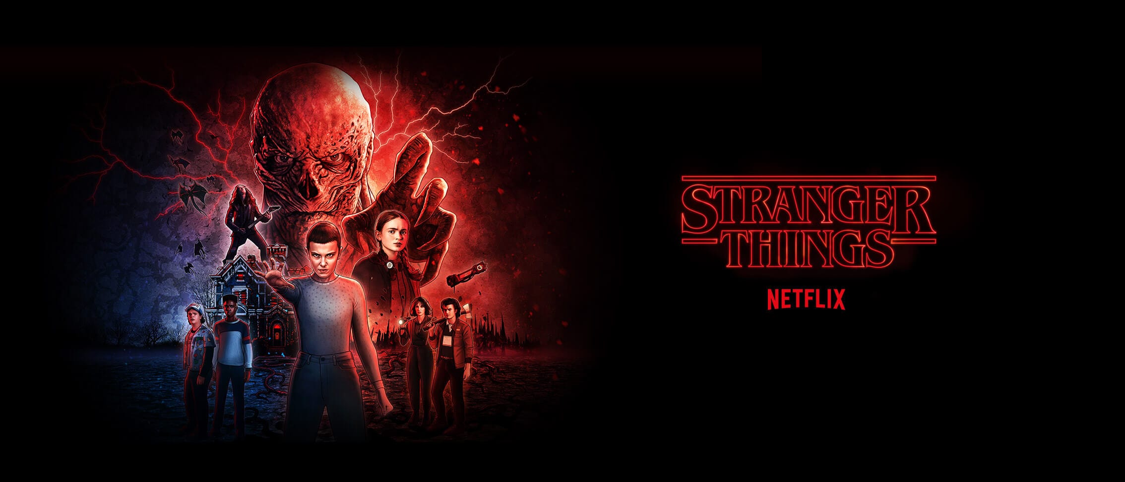 Graphic Stranger Things Netflix logo and characters standing in front of a house with Vecna, a glowing red monster looming.