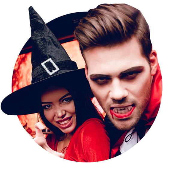 A couple wearing Halloween costumes