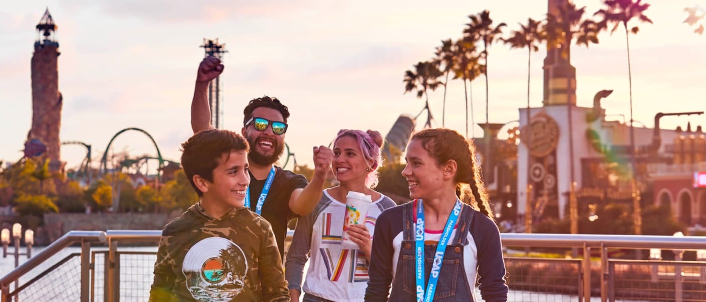 Family of four enjoying their day at Universal Studios Orlando Resort with Universal Express access.