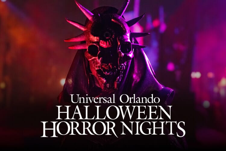 Universal Orlando Halloween Horror Nights logo: A multi-horned, skeletal demon lurks in a foggy scare zone.