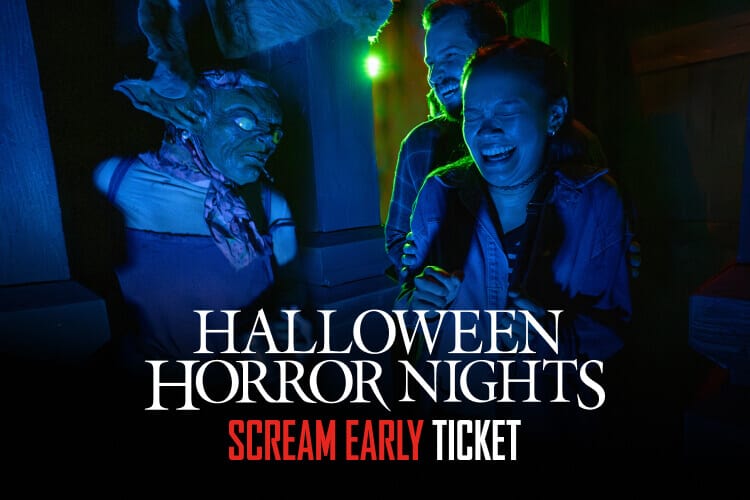 Halloween Horror Nights Scream Early Ticket logo: Two frightened guests laughing as a long-eared goblin scareactor wearing a kerchief and apron appears from the shadows.