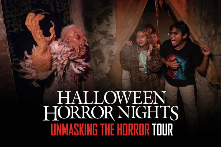 Halloween Horror Nights Unmasking the Horror Tour logo: An orange-skinned scareactor with feathers, claws, and jagged teeth startling a group of guests as they enter the corridor.