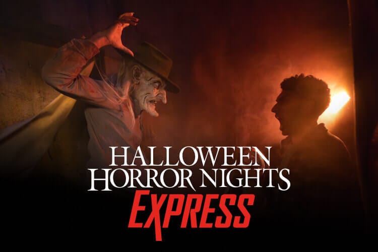 Halloween Horror Nights Express logo: Two guests screaming in terror as a ghoulish creature in a brimmed hat and blood-covered shirt appears in front of them.