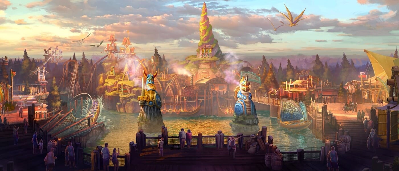 Representación conceptual del artista: Isle of Berk con estatuas de vikingos y dragones centinelas, casas de dragones y dragones voladores.