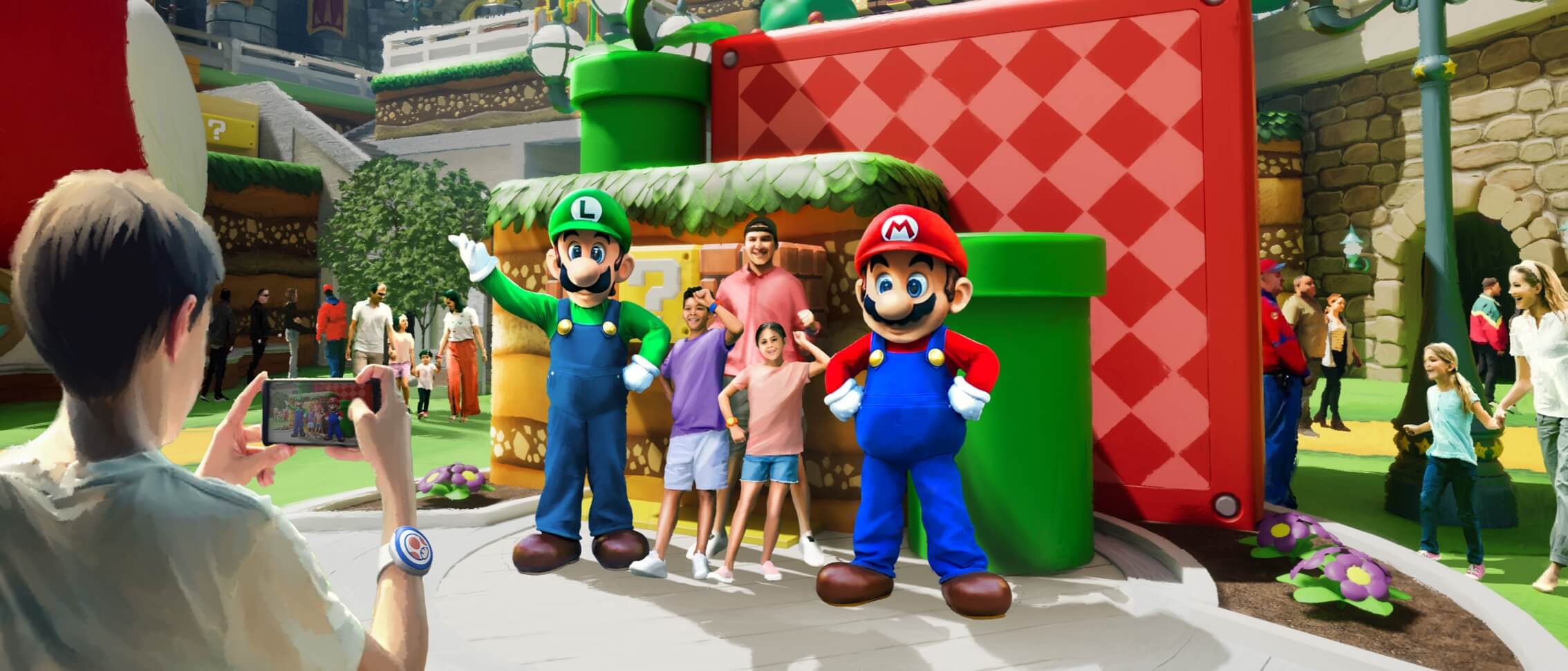 Artist conceptual rendering - Kids posing for a photo with Nintendo characters Mario and Luigi in SUPER NINTENDO WORLD™.