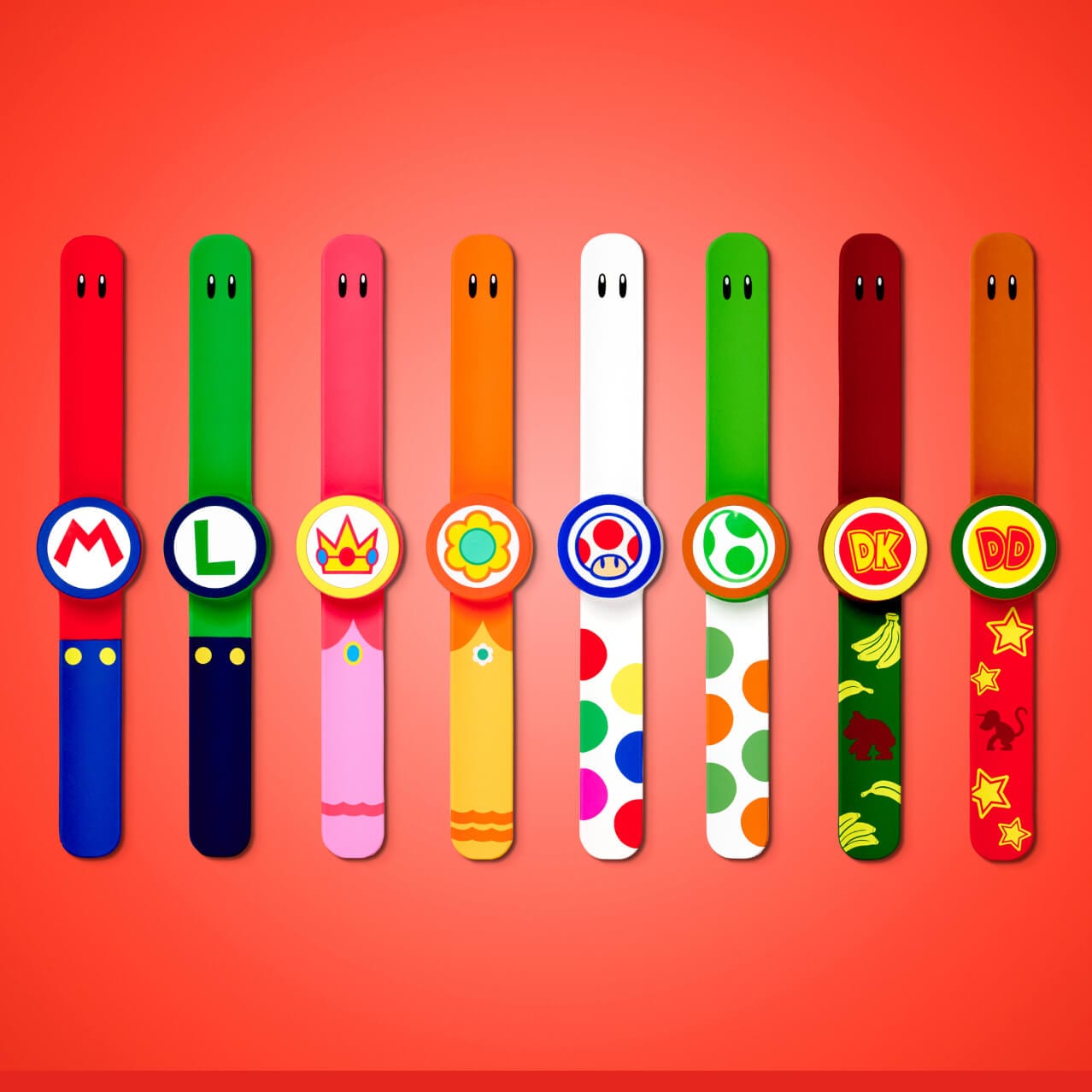 Ocho Power-Up Bands™ de colores brillantes con temática de personajes de Nintendo que los visitantes pueden usar en SUPER NINTENDO WORLD.™