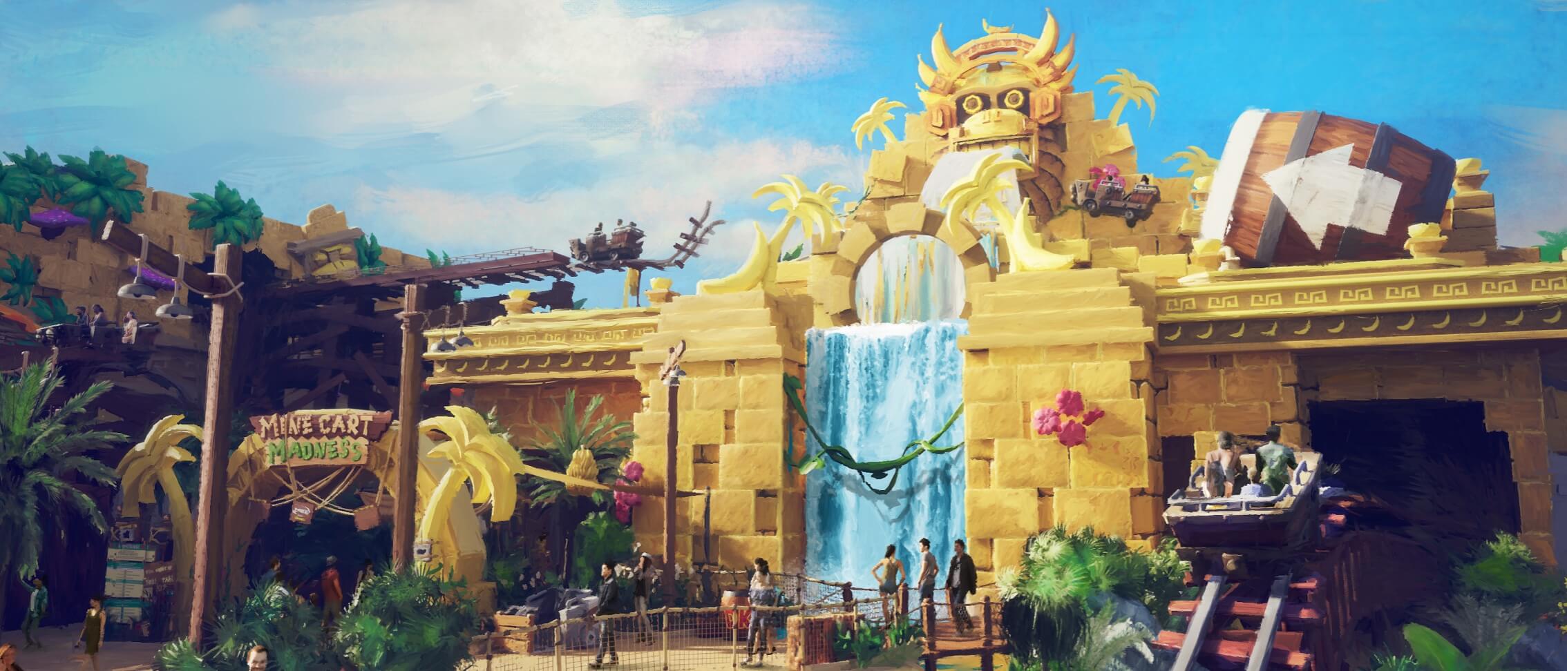 Artist conceptual rendering – Guests riding Mine Cart Madness™ with the Golden Temple and waterfall in the background.