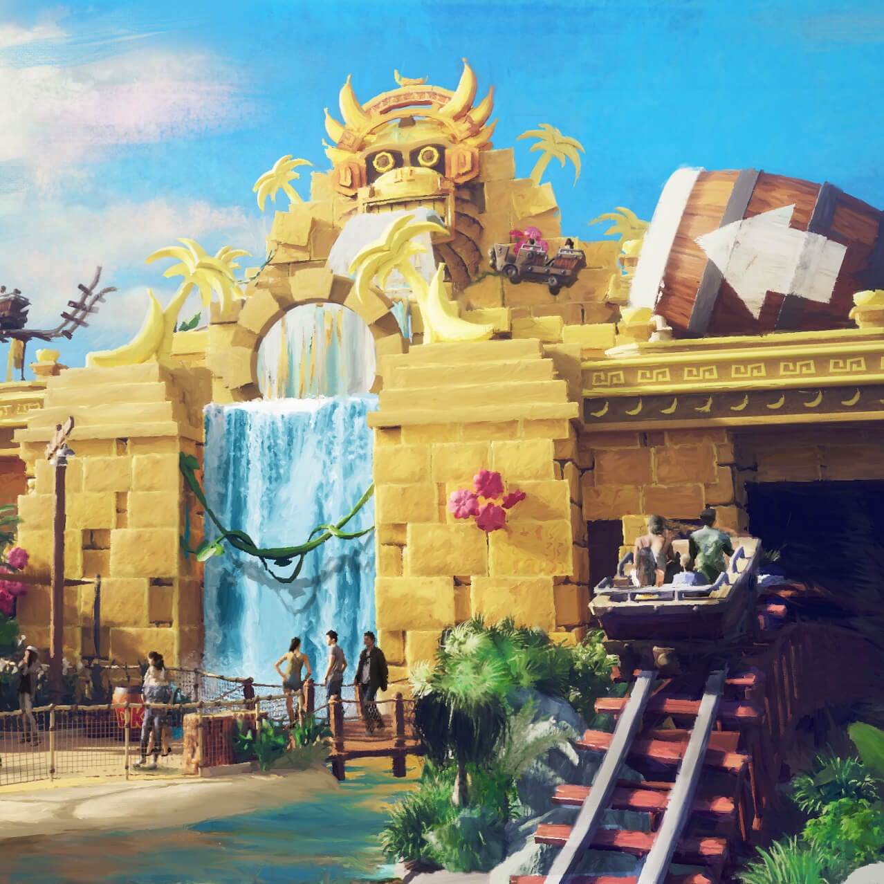 Representación conceptual artística: visitantes en la atracción Mine Cart Madness con el Templo Dorado y una cascada en el fondo.