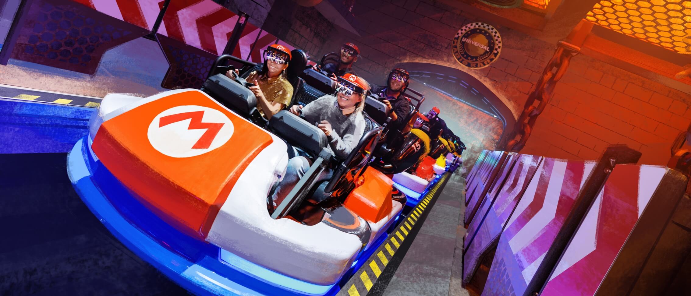 Artist conceptual rendering - Riders wearing visors and special goggles sit at their steering wheels in Mario Kart™: Bowser's Challenge.
