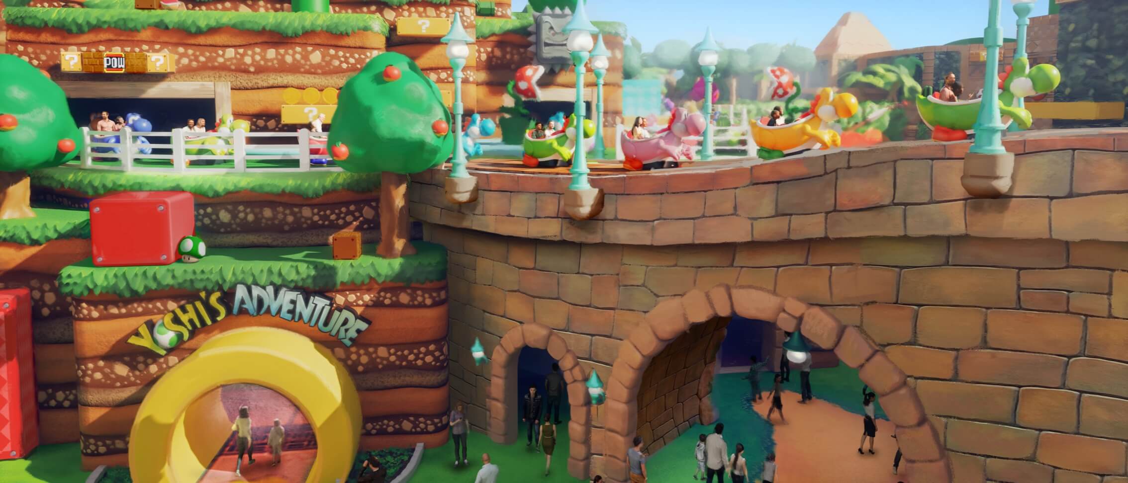 Artist conceptual rendering – Yoshi’s Adventure pipe entrance nestled in Mount Beanpole at SUPER NINTENDO WORLD™.