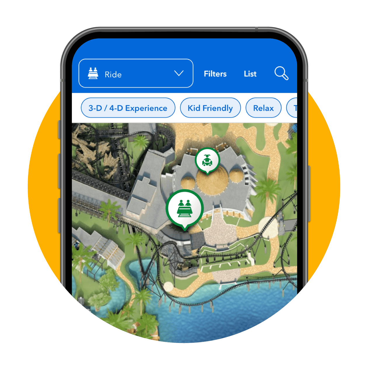 Un teléfono inteligente que muestra una ubicación anclada en un mapa dentro de la aplicación de Universal Orlando Resort