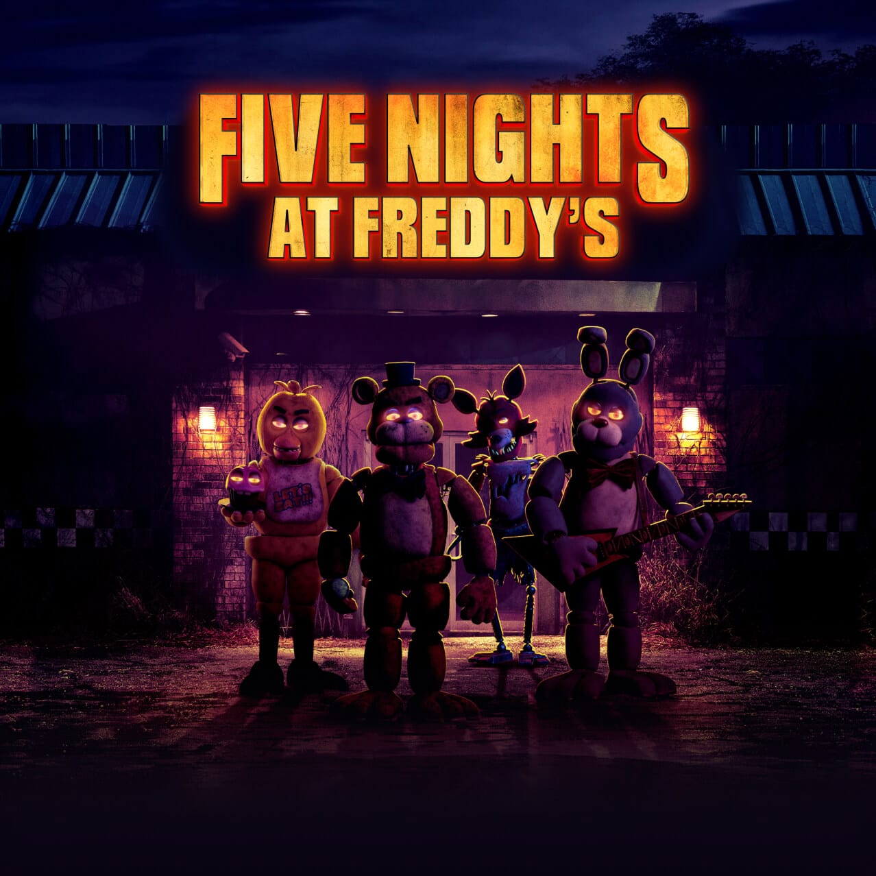 Freddy, Bonnie, Chica y Foxy frente a Fazbear’s Pizzeria junto al logotipo de Five Nights at Freddy’s.