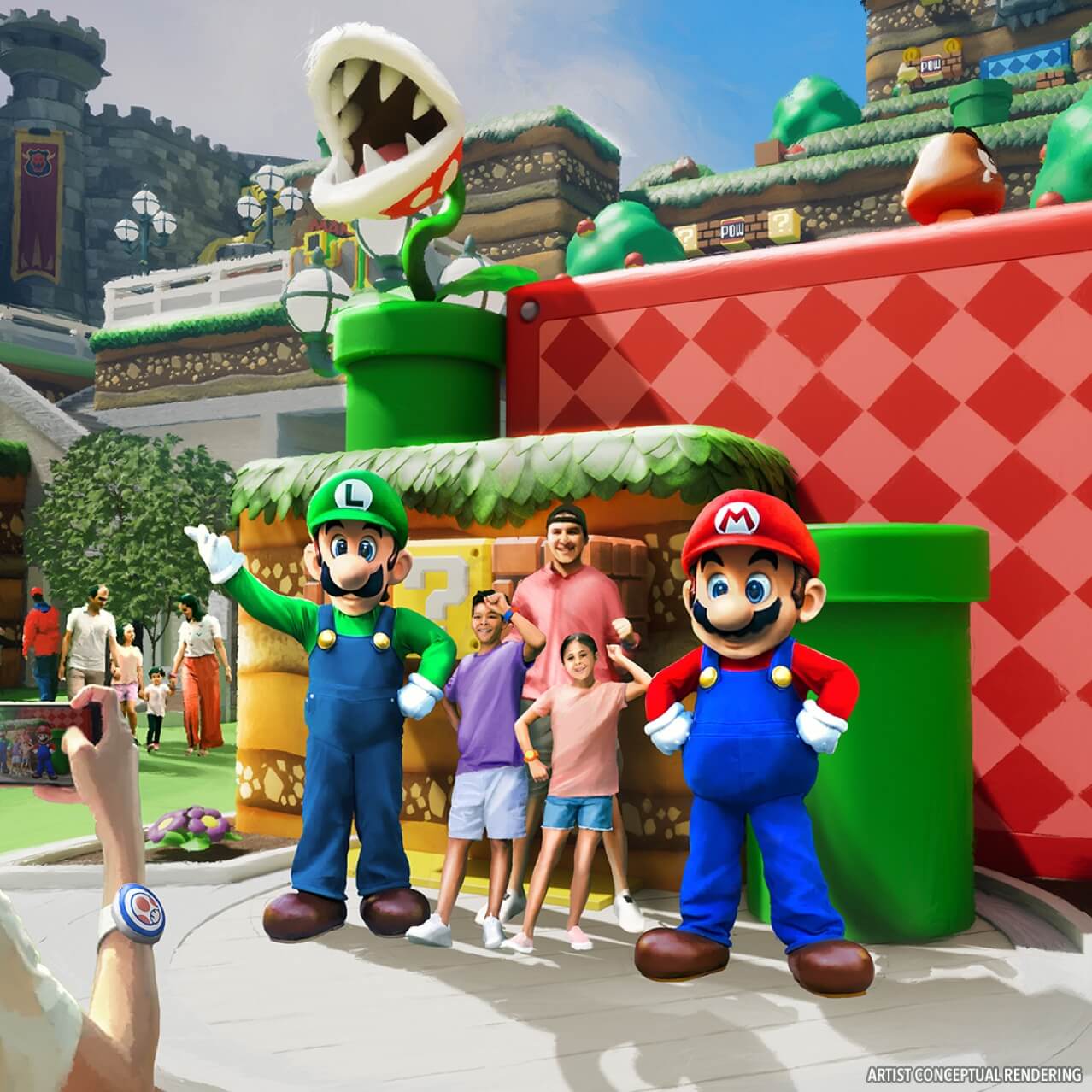 Renderização conceitual do artista - crianças posando com os personagens Mario e Luigi da Nintendo no SUPER NINTENDO WORLD™.