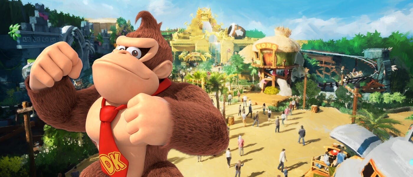 Renderização conceitual do artista – Donkey Kong batendo no peito em frente ao Donkey Kong Country no SUPER NINTENDO WORLD.
