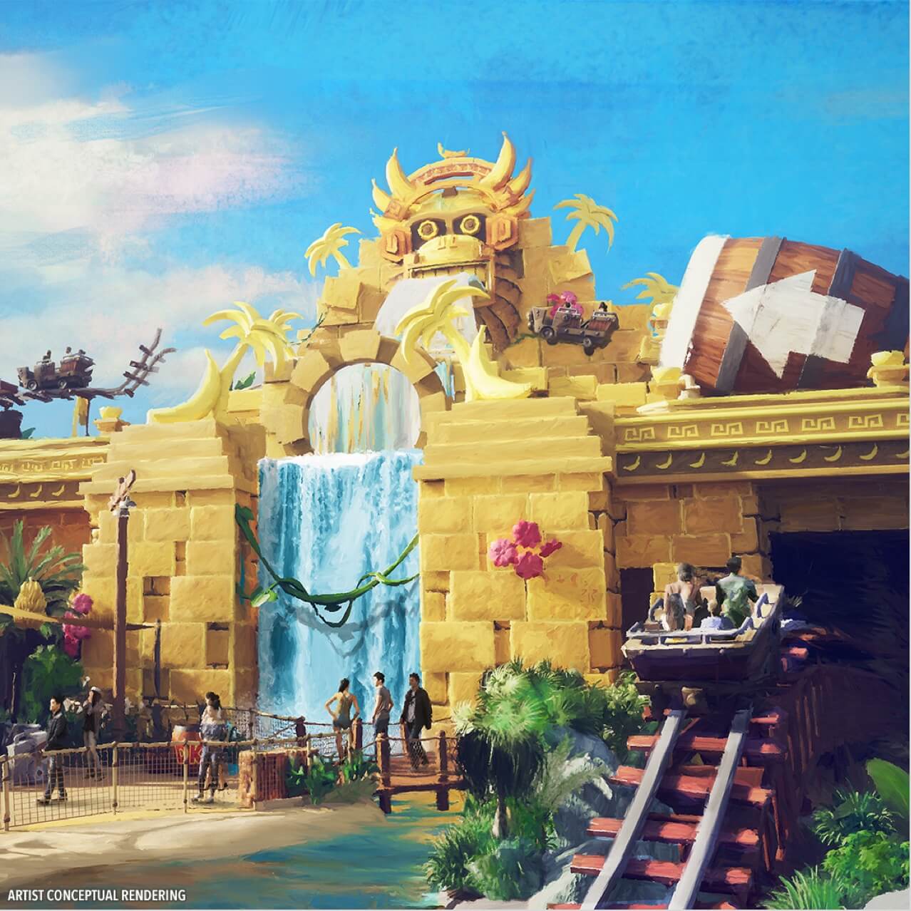 Entrada para o Mine-Cart Madness com o Templo Dourado e a cachoeira à direita cercada por palmeiras.