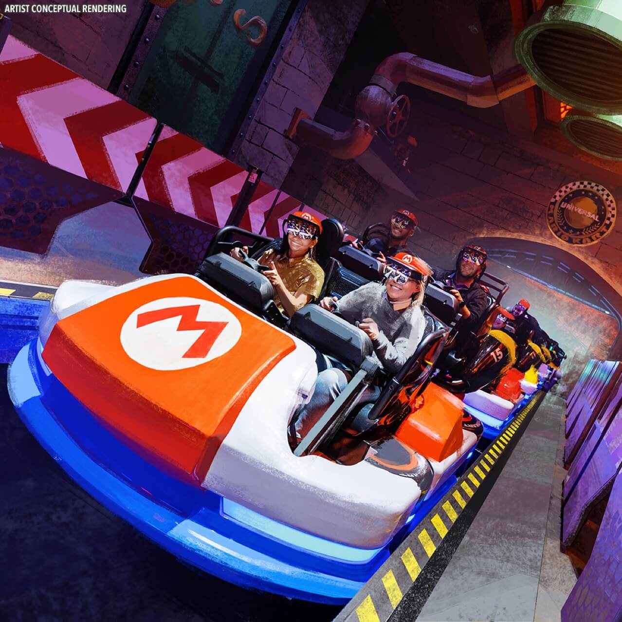 Renderização conceitual do artista - visitantes com viseiras e óculos de proteção especiais sentados em frente ao volante no Mario Kart: Bowser's Challenge.