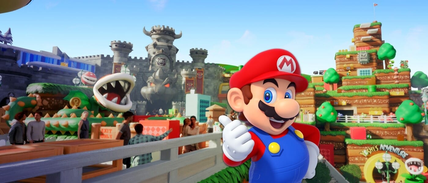 Renderização conceitual do artista - Mario faz sinal de "joinha" em frente ao Monte Beanpole e ao Castelo do Bowser no SUPER NINTENDO WORLD.