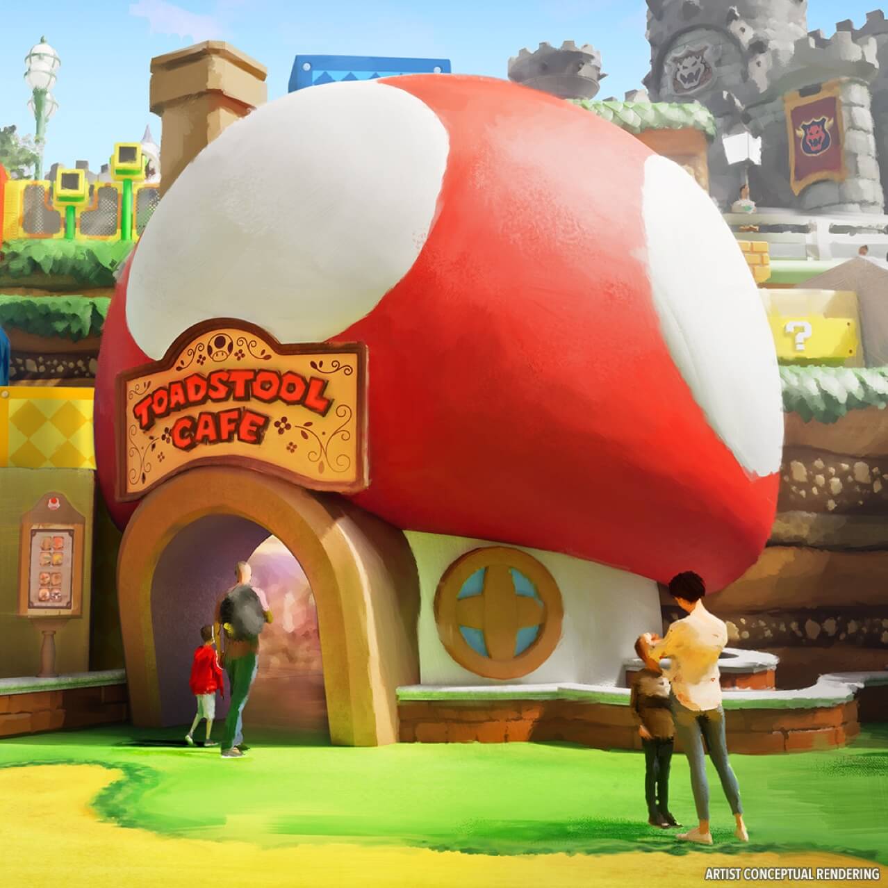 Renderização conceitual do artista – Toadstool Cafe no Reino do Cogulemo do SUPER NINTENDO WORLD™ no Universal Epic Universe.