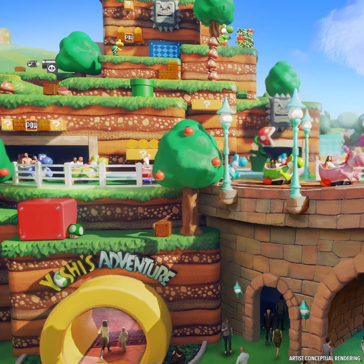 Renderização conceitual do artista – entrada pelo tubo da Yoshi's Adventure localizada no Monte Beanpole do SUPER NINTENDO WORLD™.